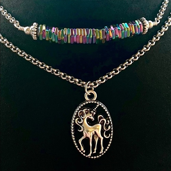 Double layer unicorn rainbow stones stainless steel adjustable choker necklace - Picture 13 of 14